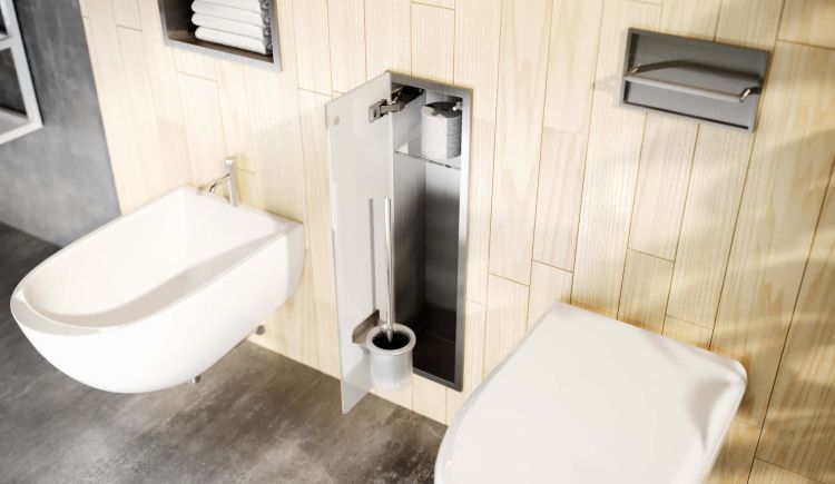 Schowek podtynkowy WC 600 MCJ — wnętrze szczotka i papier toaletowy